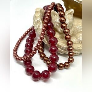 Fall Autumn Dark Red Glass Brown Faux Pearl Stretch Bracelet Bundle Earth Tones
